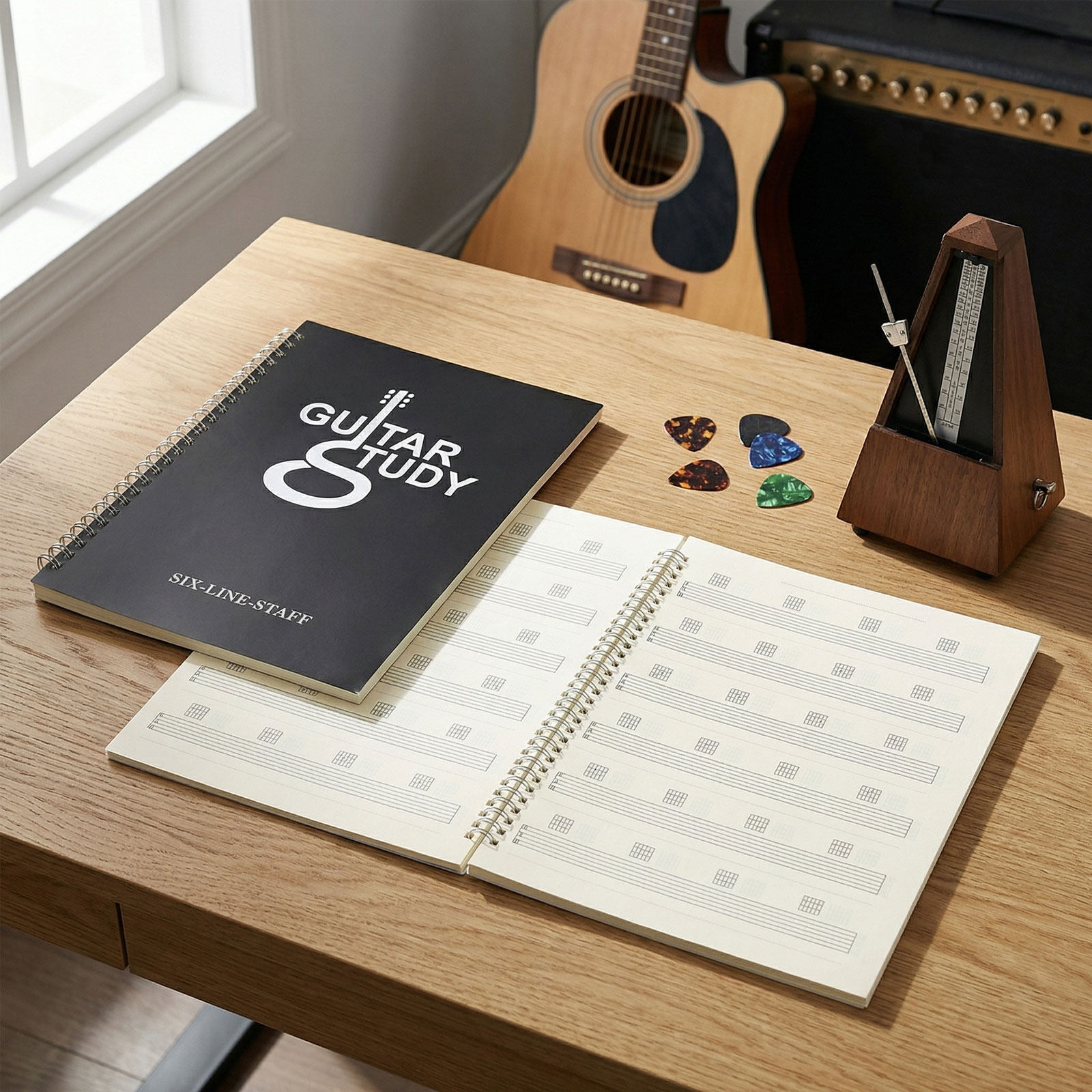 ギター用楽譜ノート2冊セット。6弦用、無地の楽譜用紙、作曲ノ - Blank Sheet Music Notebook のレビューと価格