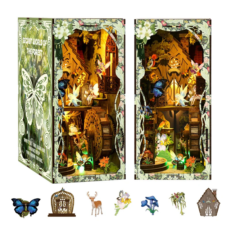 DIY木製3Dブックヌックパズル、創造的な森の模型キット、家 - Diy Wooden Book Nook Kit Shelf Insert のレビューと価格